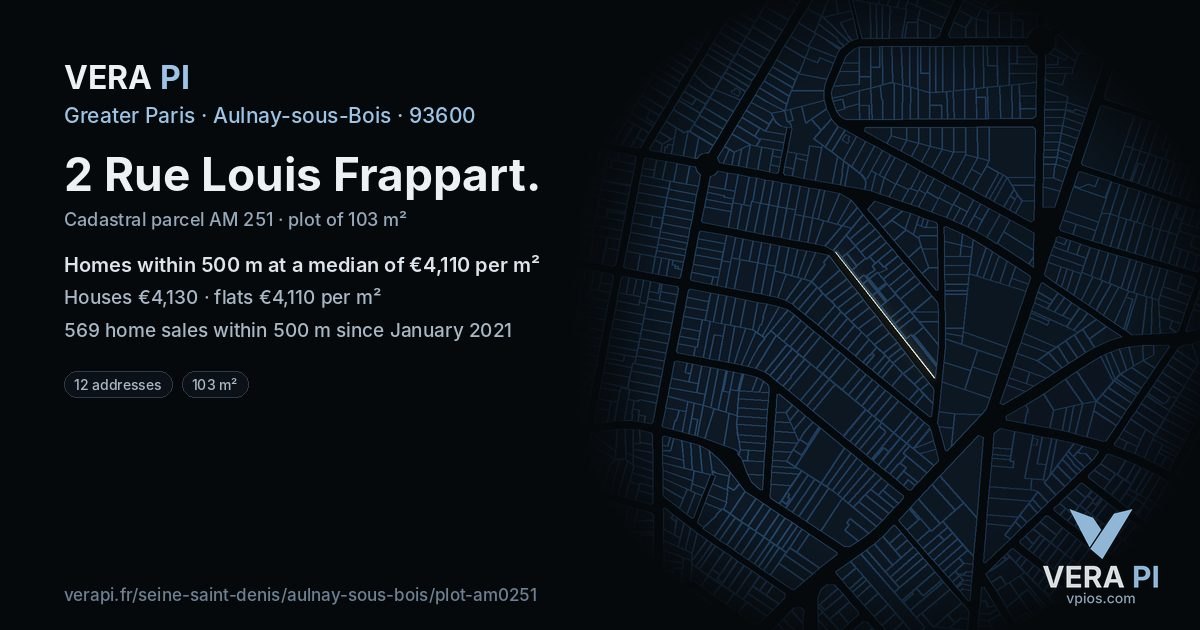 2 Rue Louis Frappart, Aulnay-sous-Bois at night – the plot lit, the parcels around coloured by the prices near them