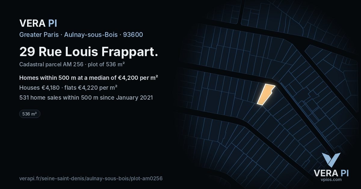 29 Rue Louis Frappart, Aulnay-sous-Bois at night – the plot lit, the parcels around coloured by the prices near them