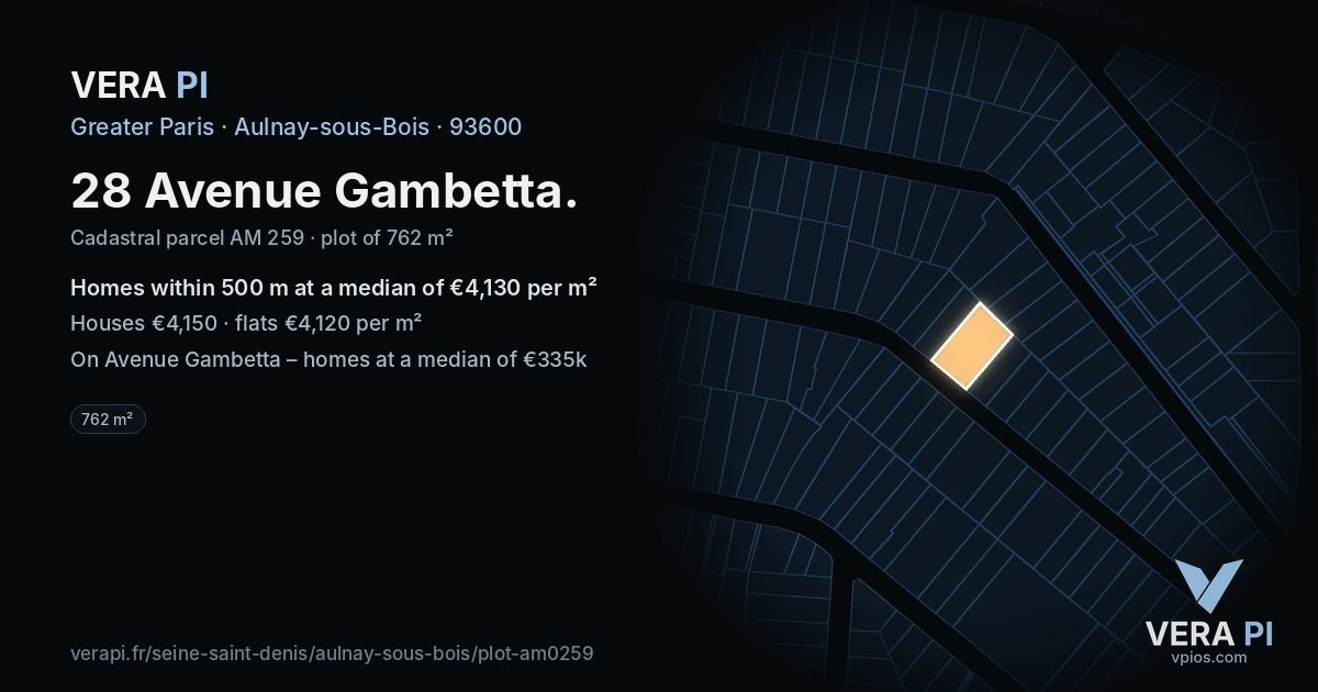 28 Avenue Gambetta, Aulnay-sous-Bois at night – the plot lit, the parcels around coloured by the prices near them