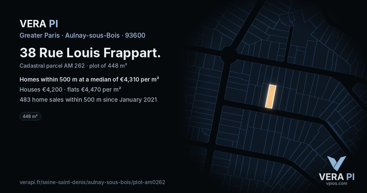 38 Rue Louis Frappart, Aulnay-sous-Bois at night – the plot lit, the parcels around coloured by the prices near them