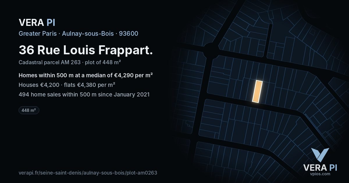 36 Rue Louis Frappart, Aulnay-sous-Bois at night – the plot lit, the parcels around coloured by the prices near them