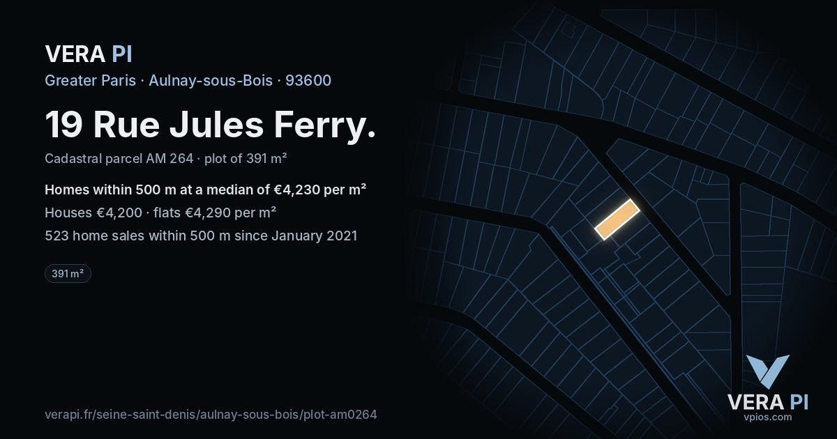19 Rue Jules Ferry, Aulnay-sous-Bois at night – the plot lit, the parcels around coloured by the prices near them