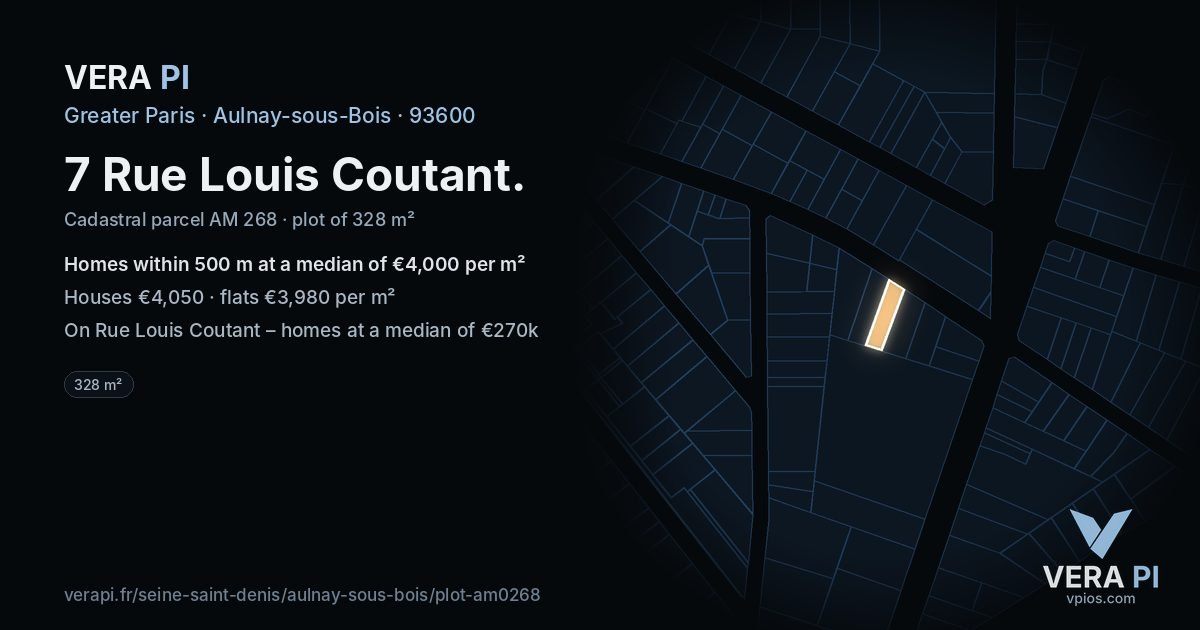 7 Rue Louis Coutant, Aulnay-sous-Bois at night – the plot lit, the parcels around coloured by the prices near them