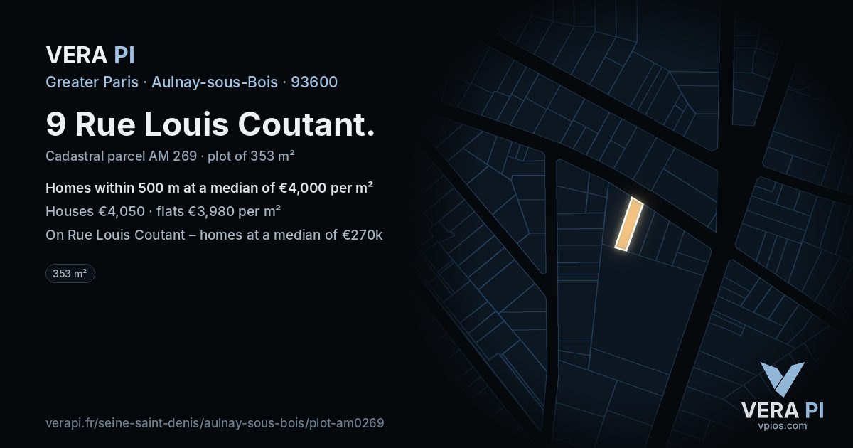 9 Rue Louis Coutant, Aulnay-sous-Bois at night – the plot lit, the parcels around coloured by the prices near them