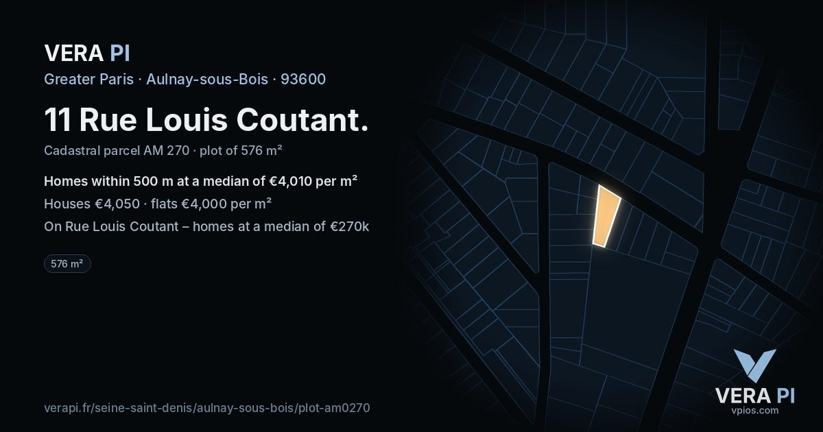 11 Rue Louis Coutant, Aulnay-sous-Bois at night – the plot lit, the parcels around coloured by the prices near them