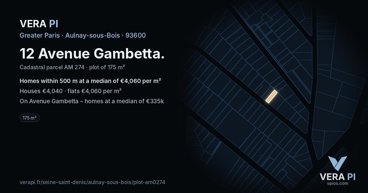 12 Avenue Gambetta, Aulnay-sous-Bois at night – the plot lit, the parcels around coloured by the prices near them