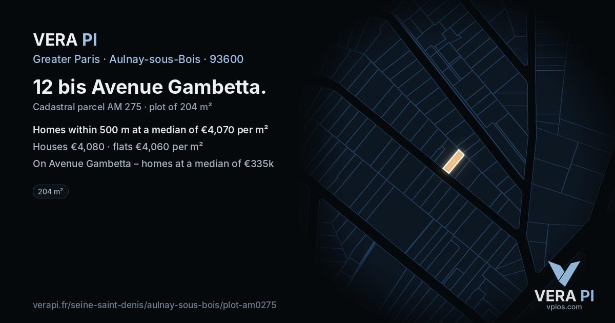 12 bis Avenue Gambetta, Aulnay-sous-Bois at night – the plot lit, the parcels around coloured by the prices near them