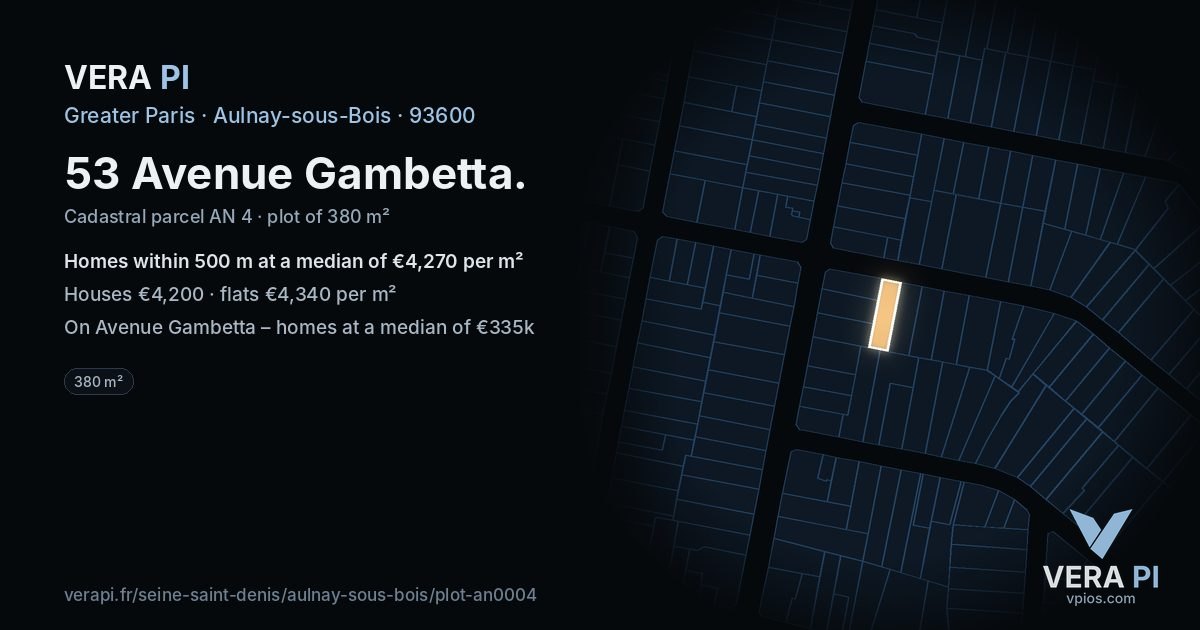 53 Avenue Gambetta, Aulnay-sous-Bois at night – the plot lit, the parcels around coloured by the prices near them