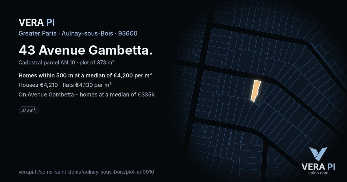 43 Avenue Gambetta, Aulnay-sous-Bois at night – the plot lit, the parcels around coloured by the prices near them