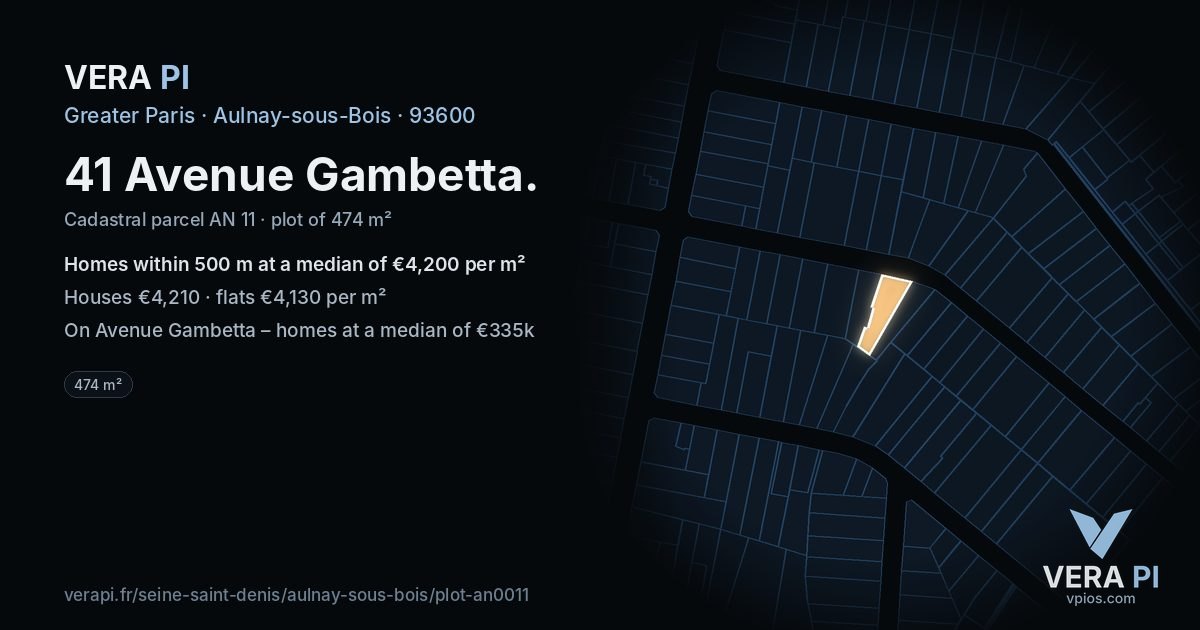 41 Avenue Gambetta, Aulnay-sous-Bois at night – the plot lit, the parcels around coloured by the prices near them