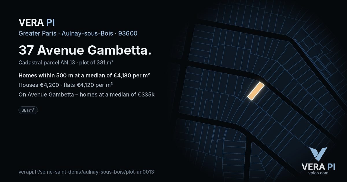 37 Avenue Gambetta, Aulnay-sous-Bois at night – the plot lit, the parcels around coloured by the prices near them