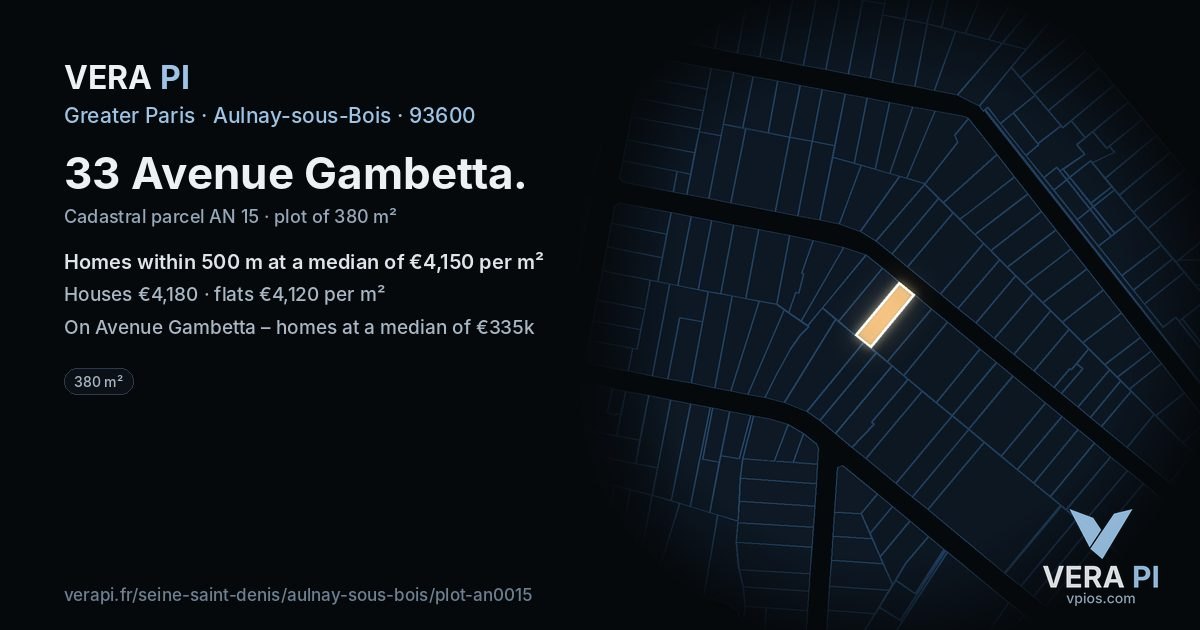 33 Avenue Gambetta, Aulnay-sous-Bois at night – the plot lit, the parcels around coloured by the prices near them