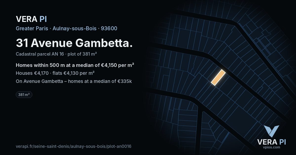 31 Avenue Gambetta, Aulnay-sous-Bois at night – the plot lit, the parcels around coloured by the prices near them