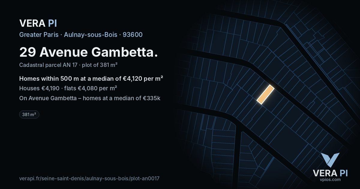 29 Avenue Gambetta, Aulnay-sous-Bois at night – the plot lit, the parcels around coloured by the prices near them