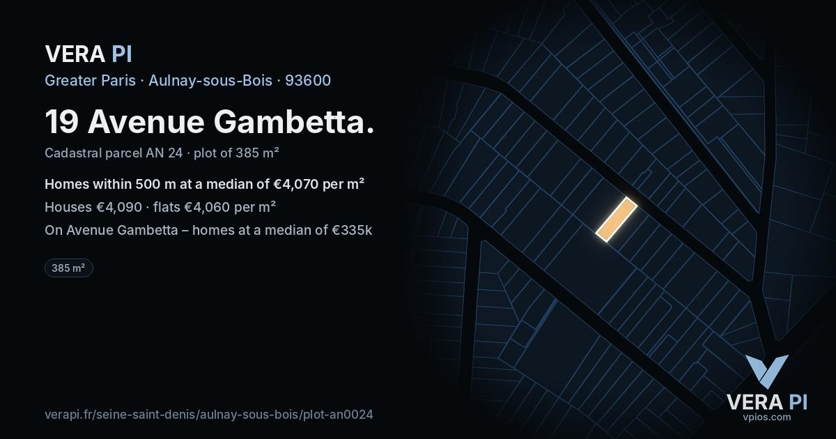 19 Avenue Gambetta, Aulnay-sous-Bois at night – the plot lit, the parcels around coloured by the prices near them