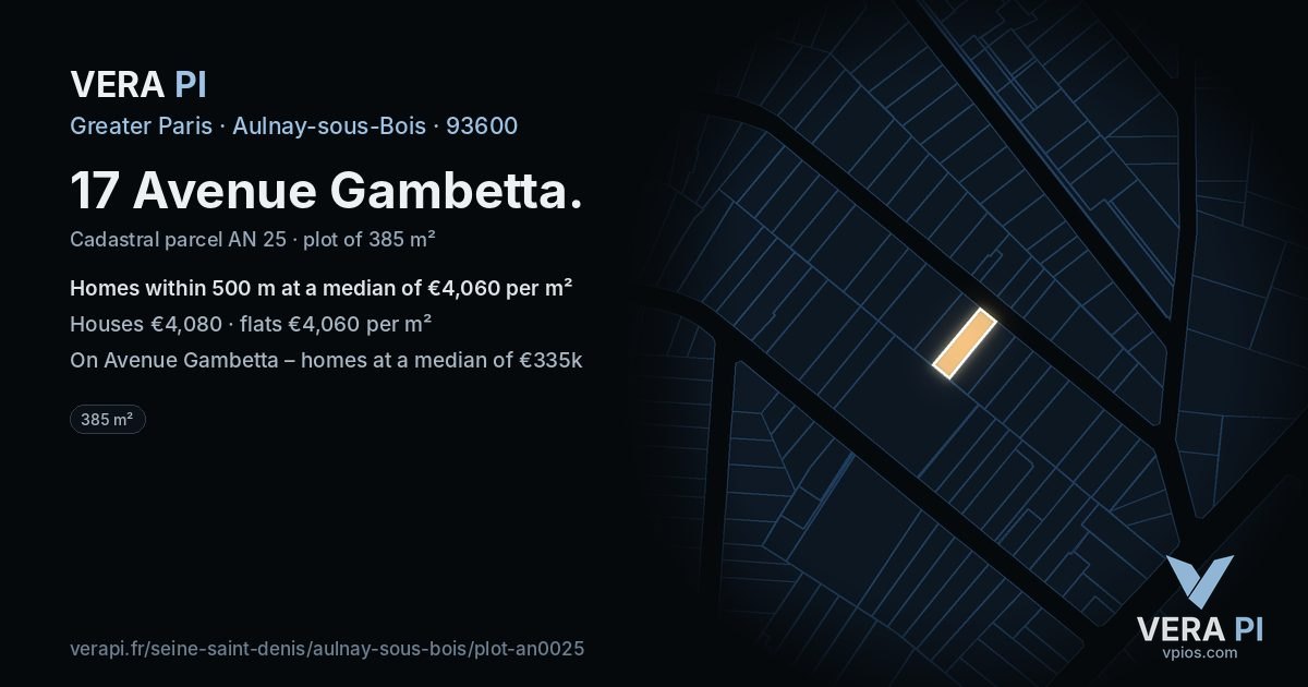 17 Avenue Gambetta, Aulnay-sous-Bois at night – the plot lit, the parcels around coloured by the prices near them