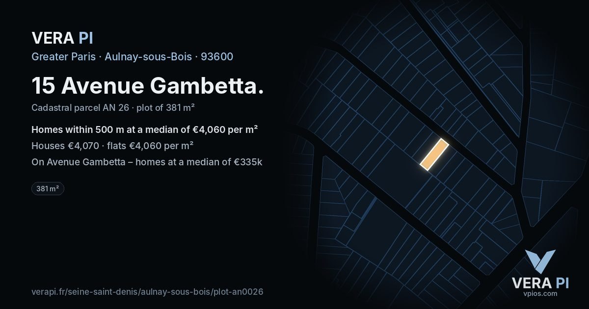 15 Avenue Gambetta, Aulnay-sous-Bois at night – the plot lit, the parcels around coloured by the prices near them