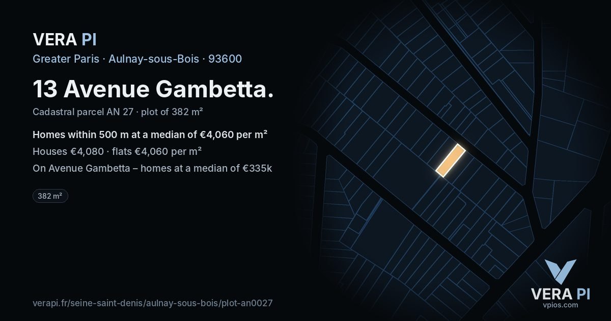 13 Avenue Gambetta, Aulnay-sous-Bois at night – the plot lit, the parcels around coloured by the prices near them