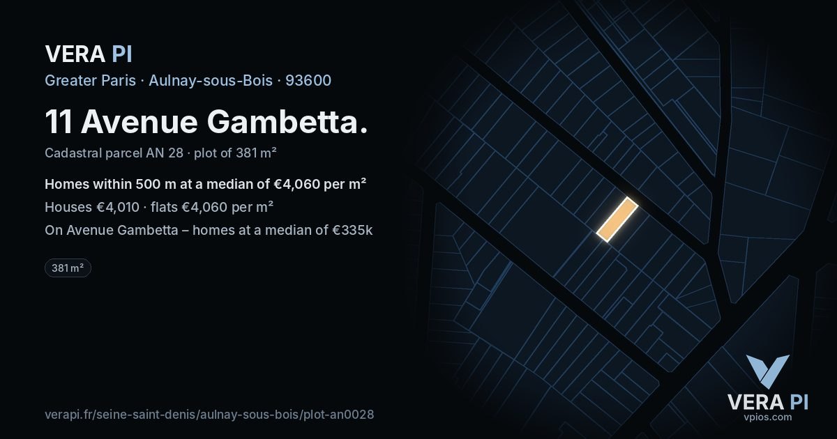 11 Avenue Gambetta, Aulnay-sous-Bois at night – the plot lit, the parcels around coloured by the prices near them