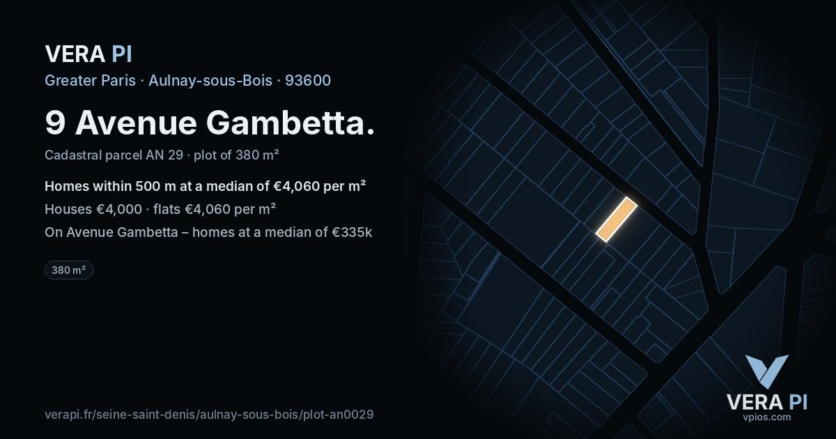 9 Avenue Gambetta, Aulnay-sous-Bois at night – the plot lit, the parcels around coloured by the prices near them