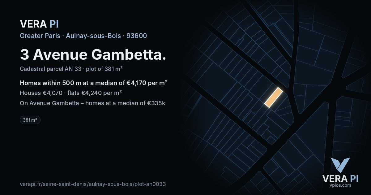 3 Avenue Gambetta, Aulnay-sous-Bois at night – the plot lit, the parcels around coloured by the prices near them