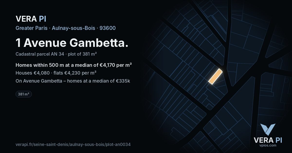 1 Avenue Gambetta, Aulnay-sous-Bois at night – the plot lit, the parcels around coloured by the prices near them