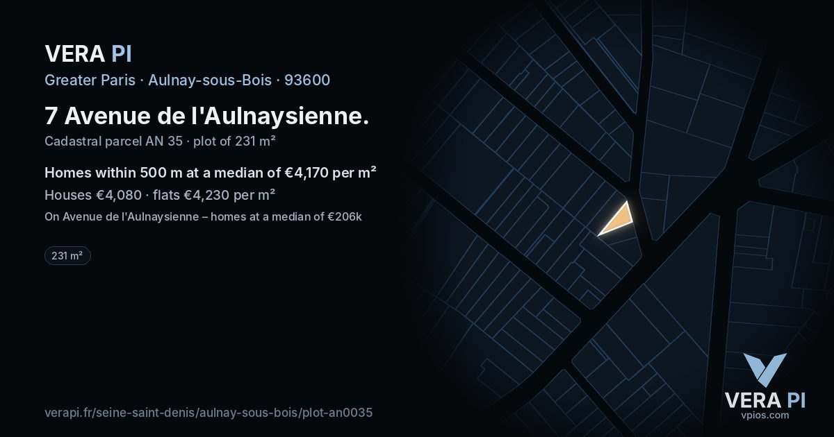 7 Avenue de l'Aulnaysienne, Aulnay-sous-Bois at night – the plot lit, the parcels around coloured by the prices near them