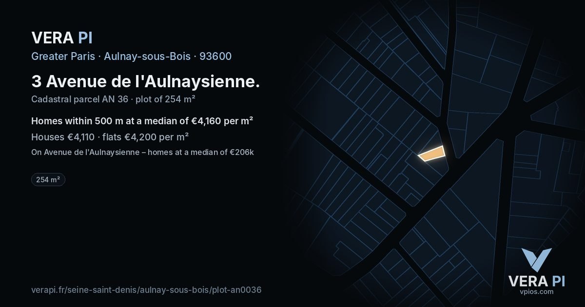 3 Avenue de l'Aulnaysienne, Aulnay-sous-Bois at night – the plot lit, the parcels around coloured by the prices near them