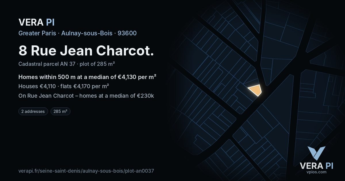 8 Rue Jean Charcot, Aulnay-sous-Bois at night – the plot lit, the parcels around coloured by the prices near them