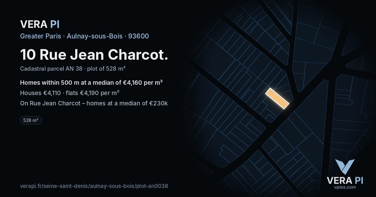 10 Rue Jean Charcot, Aulnay-sous-Bois at night – the plot lit, the parcels around coloured by the prices near them