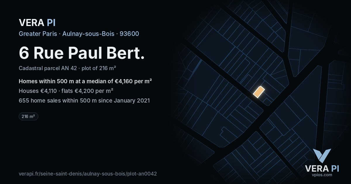 6 Rue Paul Bert, Aulnay-sous-Bois at night – the plot lit, the parcels around coloured by the prices near them