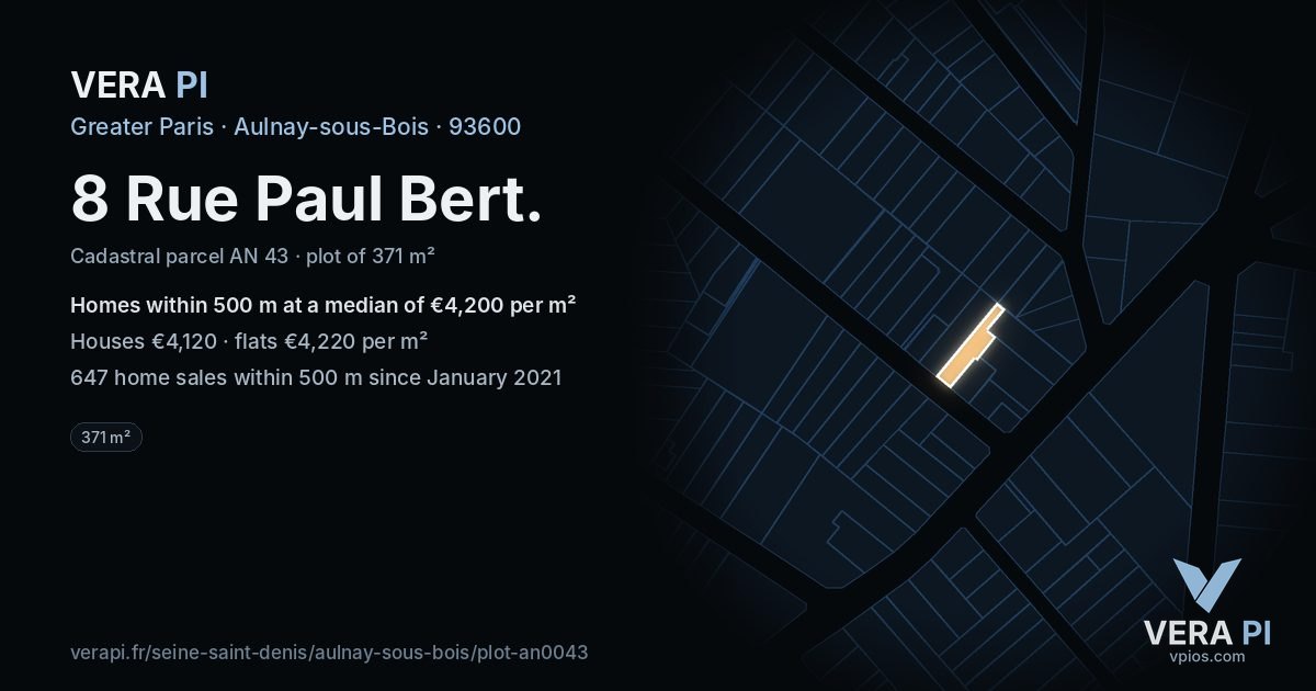 8 Rue Paul Bert, Aulnay-sous-Bois at night – the plot lit, the parcels around coloured by the prices near them