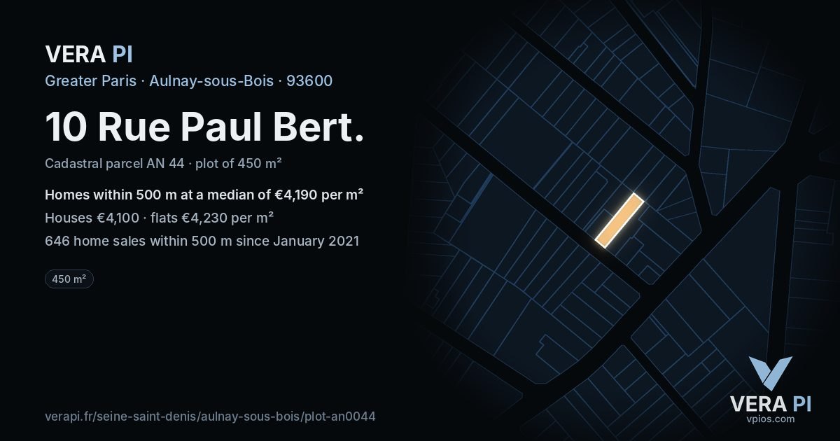 10 Rue Paul Bert, Aulnay-sous-Bois at night – the plot lit, the parcels around coloured by the prices near them