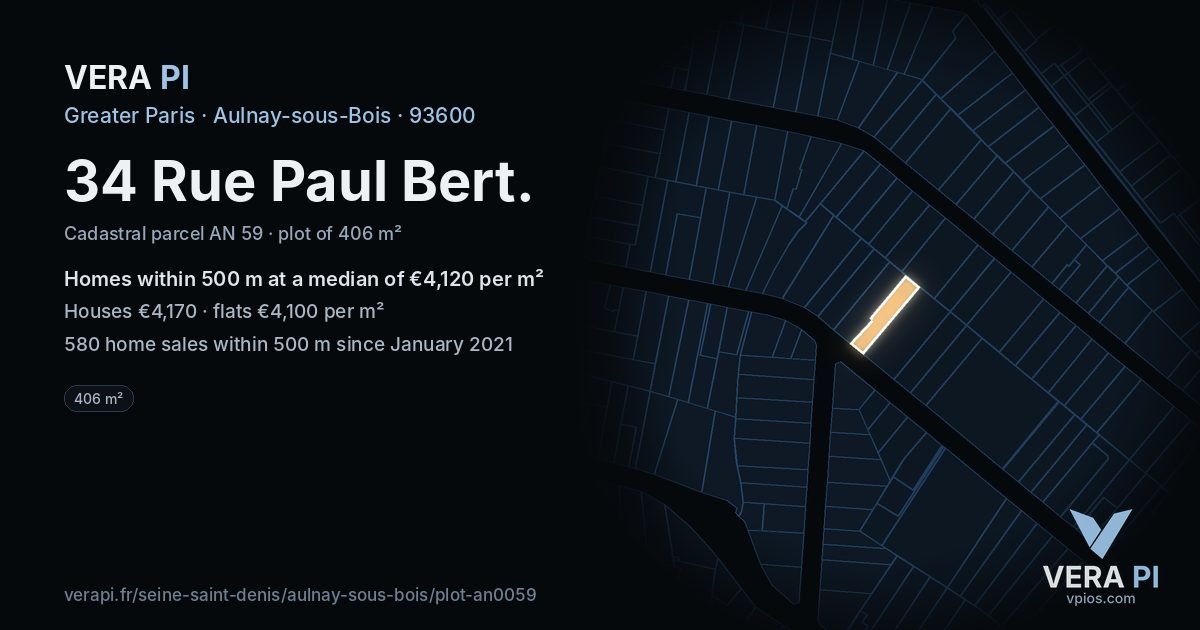 34 Rue Paul Bert, Aulnay-sous-Bois at night – the plot lit, the parcels around coloured by the prices near them