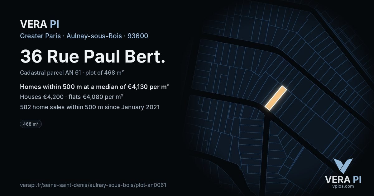 36 Rue Paul Bert, Aulnay-sous-Bois at night – the plot lit, the parcels around coloured by the prices near them