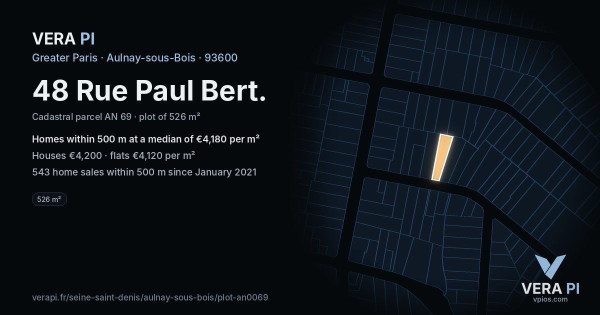 48 Rue Paul Bert, Aulnay-sous-Bois at night – the plot lit, the parcels around coloured by the prices near them