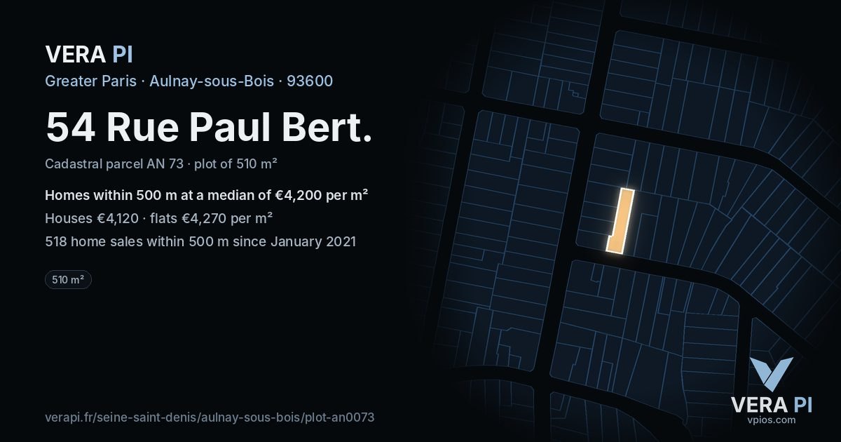 54 Rue Paul Bert, Aulnay-sous-Bois at night – the plot lit, the parcels around coloured by the prices near them
