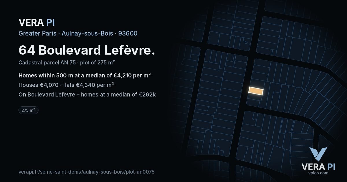 64 Boulevard Lefèvre, Aulnay-sous-Bois at night – the plot lit, the parcels around coloured by the prices near them