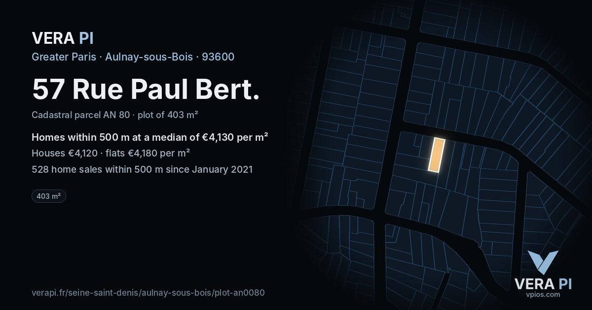 57 Rue Paul Bert, Aulnay-sous-Bois at night – the plot lit, the parcels around coloured by the prices near them
