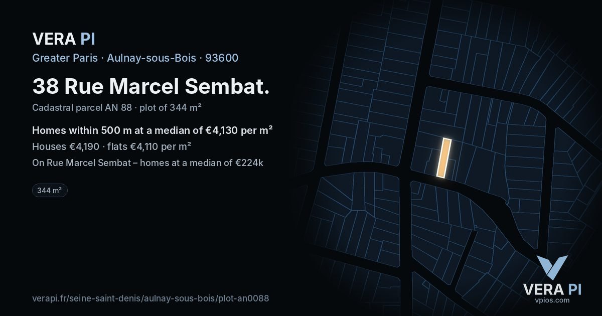 38 Rue Marcel Sembat, Aulnay-sous-Bois at night – the plot lit, the parcels around coloured by the prices near them