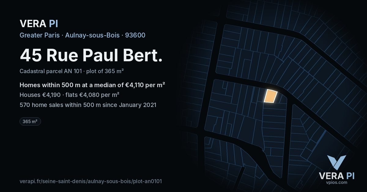 45 Rue Paul Bert, Aulnay-sous-Bois at night – the plot lit, the parcels around coloured by the prices near them