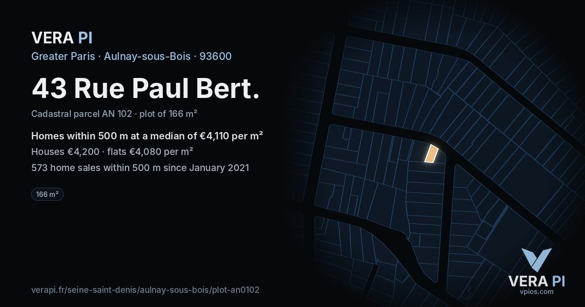 43 Rue Paul Bert, Aulnay-sous-Bois at night – the plot lit, the parcels around coloured by the prices near them