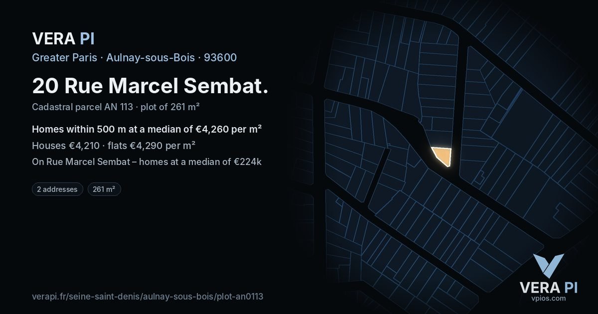 20 Rue Marcel Sembat, Aulnay-sous-Bois at night – the plot lit, the parcels around coloured by the prices near them
