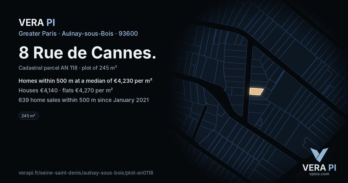 8 Rue de Cannes, Aulnay-sous-Bois at night – the plot lit, the parcels around coloured by the prices near them