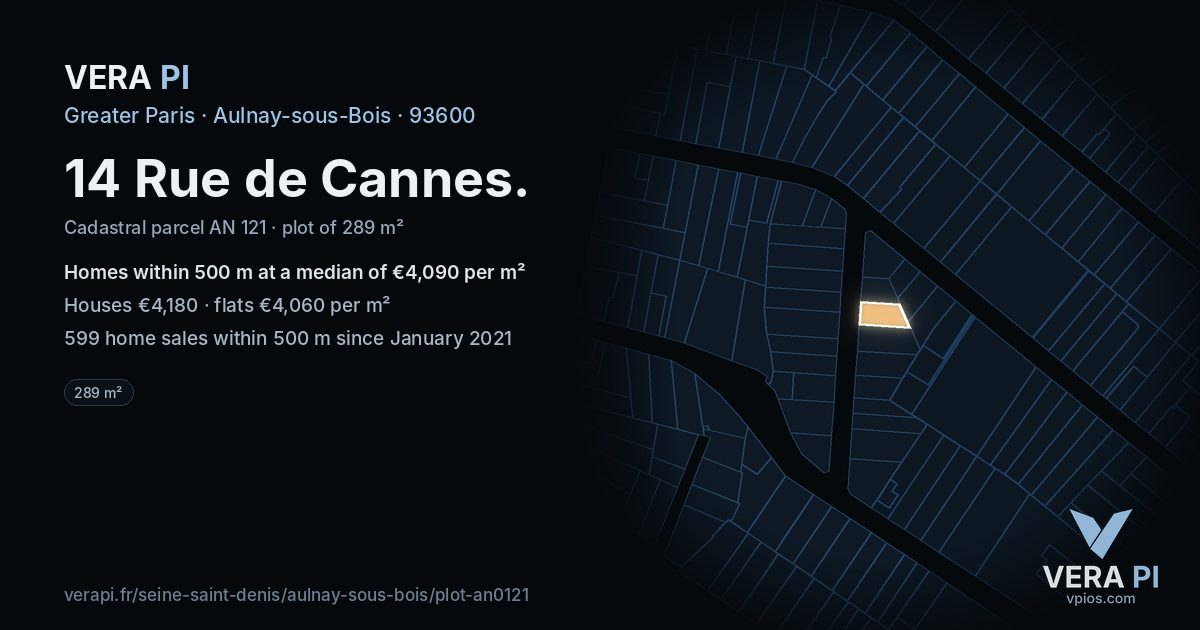 14 Rue de Cannes, Aulnay-sous-Bois at night – the plot lit, the parcels around coloured by the prices near them