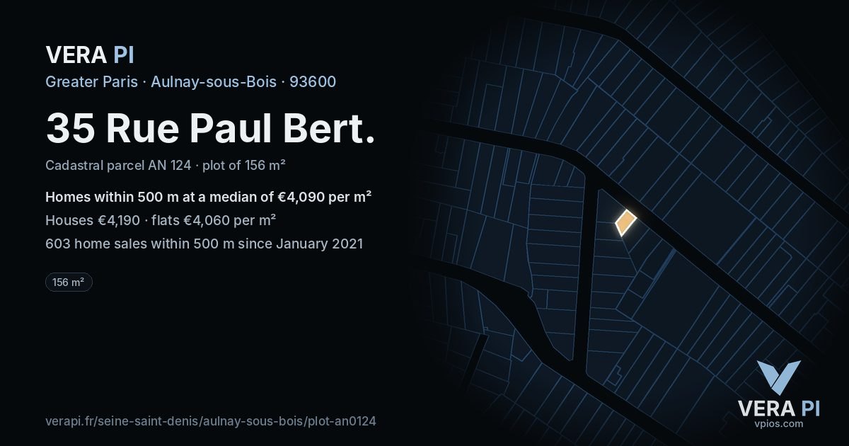 35 Rue Paul Bert, Aulnay-sous-Bois at night – the plot lit, the parcels around coloured by the prices near them