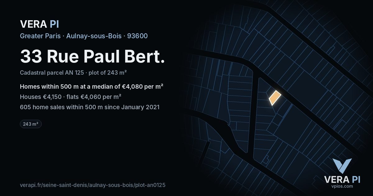 33 Rue Paul Bert, Aulnay-sous-Bois at night – the plot lit, the parcels around coloured by the prices near them