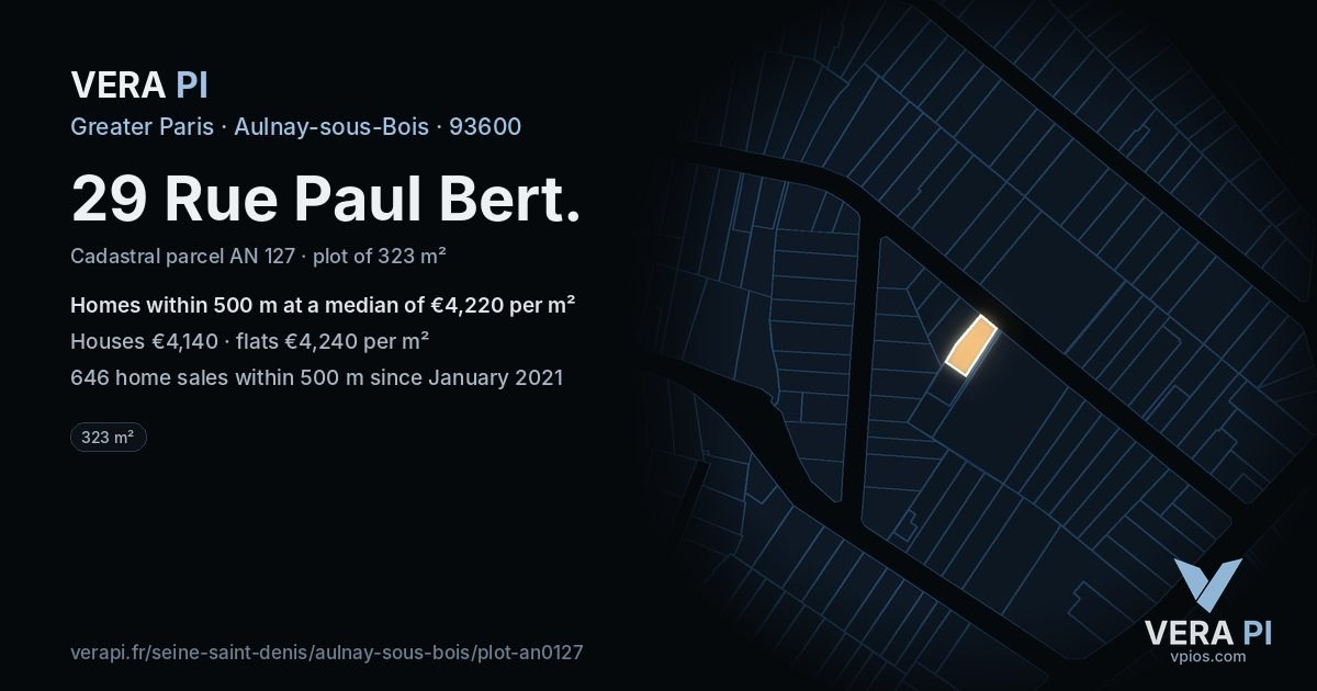 29 Rue Paul Bert, Aulnay-sous-Bois at night – the plot lit, the parcels around coloured by the prices near them