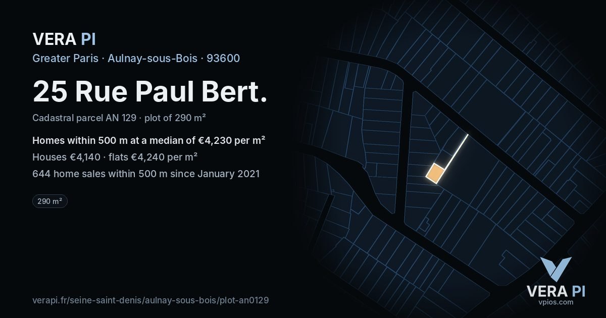 25 Rue Paul Bert, Aulnay-sous-Bois at night – the plot lit, the parcels around coloured by the prices near them