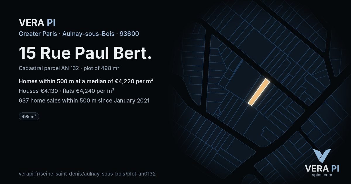 15 Rue Paul Bert, Aulnay-sous-Bois at night – the plot lit, the parcels around coloured by the prices near them